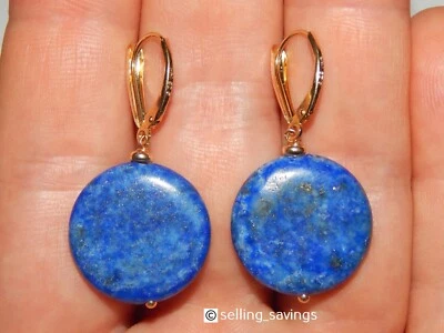 14K YELLOW GOLD 16.00 TCW CABOCHON LAPIS 1.6 INCH LONG LEVERBACK DROP EARRINGS - Image 1 of 4