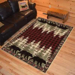 Lodge Bear Plaid Cabin Rustic Pine Red Area Rug **FREE SHIPPING** - Picture 1 of 10
