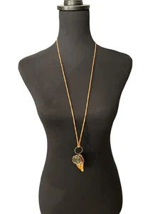 Red Agate  Rose Charm Long Drop Pendant Necklace On Brown Leather Cord Orange - Picture 1 of 17