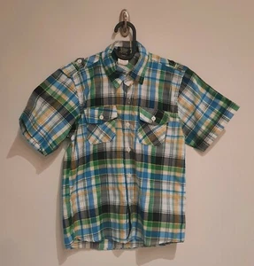 Chams Button Down Short Sleeve Shirt Kids Size 7 Plaid Green Blue Yellow EUC - Picture 1 of 5
