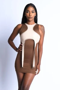 Damen-Minikleid Rundhalsausschnitt D-Ring-Besatz Strumpfband detailliert ärmellos Reißverschluss hinten - Bild 1 von 17