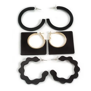 Square/Round/Wavy Shaped Glossy Acrylic Hoop Earrings in Black - Set of 3 Pairs - Picture 1 of 6