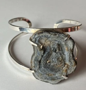 Chalcedony Freeform Dark Gray Druzy Crystal Bracelet Adjustable Silver Tone - Picture 1 of 11