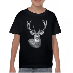 Deer Portrait Youth T-shirt Monochrome Buck Head Forest Nature Wildlife Kids - Picture 1 of 8