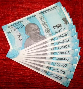 2025- 50 RUPEE INDIA REPUBLIC 3BT 000101 - 3BT 000909 - 9 UNC NOTES SET INDIA - Picture 1 of 2