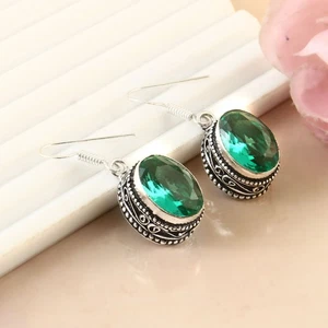 925 Sterling Silver Rose Cut Green Tourmaline Gemstone Jewelry Vintage Earring - Picture 1 of 3