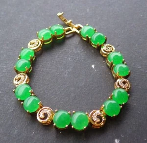Genuine Green Jade Cabochon Cubic Zirconia Flower 18KGP Bangle Bracelet - Picture 1 of 5