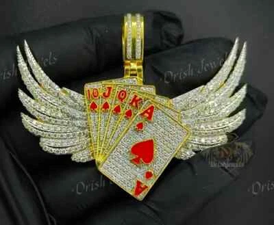 Para hombres 4.58 Ct. Genuino MOISSANITA Tarjetas de Poker Alas Colgante Plata 925 Foto 1 de 4