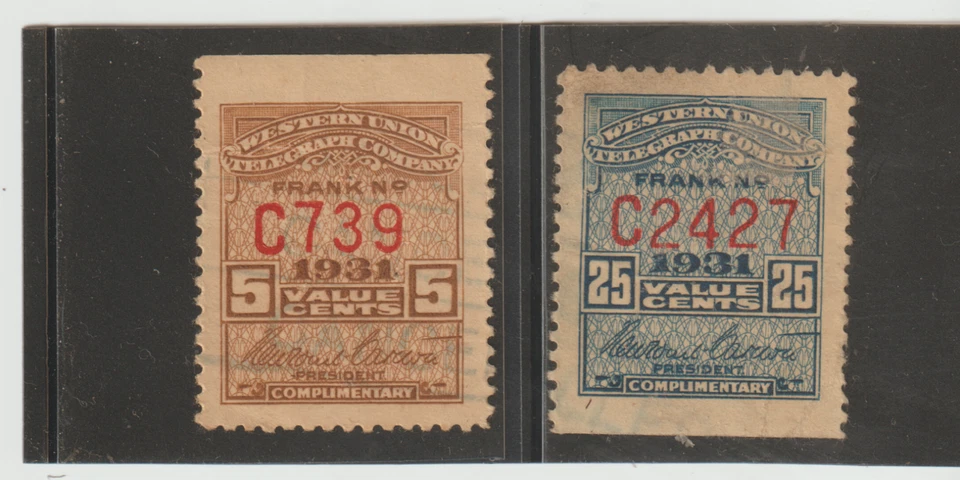 US Scott #16T-79-80 Used Revenue Telegraph Stamps 5 & 25ct issue 1931 Control #C - Image 1 of 1