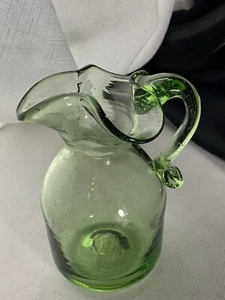 MCM Art Glass Hand Blown Cruet Green Miniature Pitcher Creamer Applied Handle - Picture 1 of 11