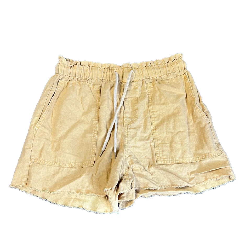 Pantalones cortos de lino para mujer medianos amarillos bolsillos cintura elástica cordón bolsillos profundos Foto 1 de 4