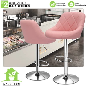 Set of 2 Bar Stools Leather Adjustable Pub Seat Pink Counter Height Dining Chair - Picture 1 of 10