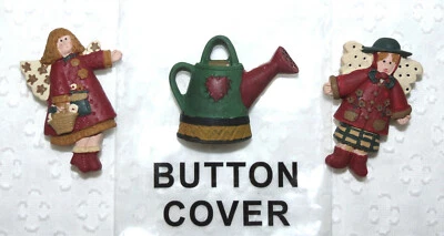 New Button Covers Set of 3 Red & Green Garden Watering Can Angels - Image 1 of 4