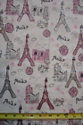 Paris France Eiffel Tower Bistro Pink Glitter  By The Half Yard Cotton Fabric