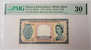 1953 Malaya & British Borneo One Dollar QE II SN# A29784316 PMG 30 Banknote - Picture 1 of 4