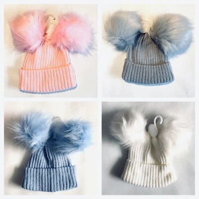 Sombrero Pom Baby Pom Niño Niña Doble Suave Piel Sintética Pom Tejido 0-6 Meses Foto 1 de 4