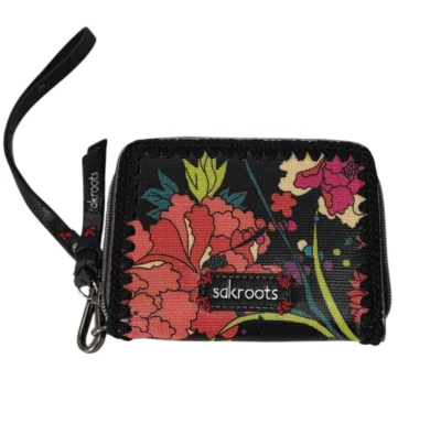 Carteira Sacroots preta floral multicolorida com zíper em torno de 5,5" X 4,5" - Imagem 1 de 4