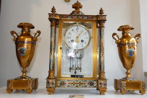 Japy Freres Cloisonne-Bronze Glass PENDULE-2XVASENZ-QUECKSILBER PENDEL-31273 Cover