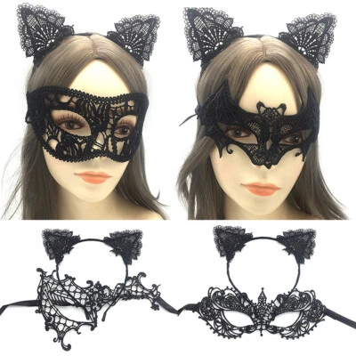 Fancy Dress Costume Wired Lace Cat Ears Headband/Mask Halloween Hen Night Kitty+ - Image 1 of 4