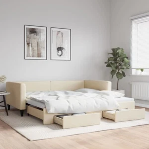 Tagesbett Ausziehbar mit Schubladen Creme 100x200 cm Stoff - Bild 1 von 11