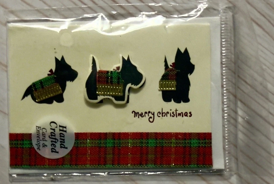 Рождественская открытка и конверт ручной работы с шотландским терьером собакой Скотти в клетку - Изображение 1 из 4