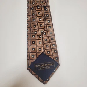 CRAVATTA UOMO HOLLAND & SHERRY TUTTA SETA MADE IN USA geometrica marrone nero 59" - Foto 1 di 7