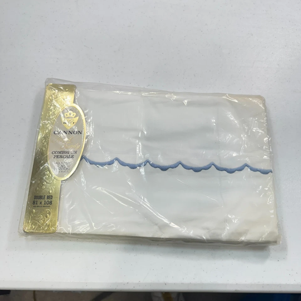 vintage cannon flat sheet double white scalloped cotton mcm retro 70s NOS - Image 1 of 4
