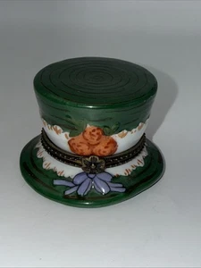 Limoges Style Trinket Box Green Hat Floral Brim Purple Bow Ganz - Picture 1 of 7