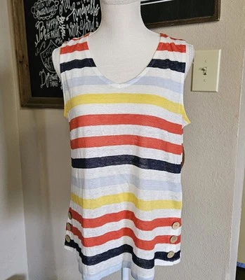 C&C California Top 100% Linen Colorful Rainbow Striped Tank Sleeveless Buttons M - Image 1 of 4