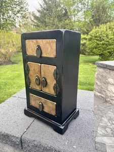 VTG Chinese Black Jewelry Chest Box Cabinet w/Drawer 17.5x19x7” - Picture 1 of 12