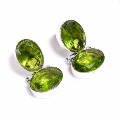 Peridot Gemstone Ethnic Handmade 925 Sterling Silver Stud Earrings 1.1" S-63 - Image 1 of 2