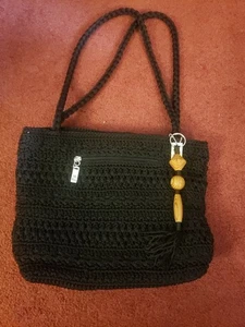 Lina Damen schwarz Häkel Strick Handtasche Handtasche gefüttert mit Gänseblümchen Stoff Druckknopfverschluss - Bild 1 von 10