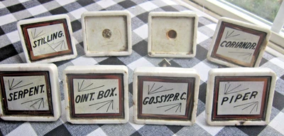 8 Apothecary DRAWER PULLS Knobs porcelain Label Under Glass Pharmacy Cabinet - Image 1 of 4