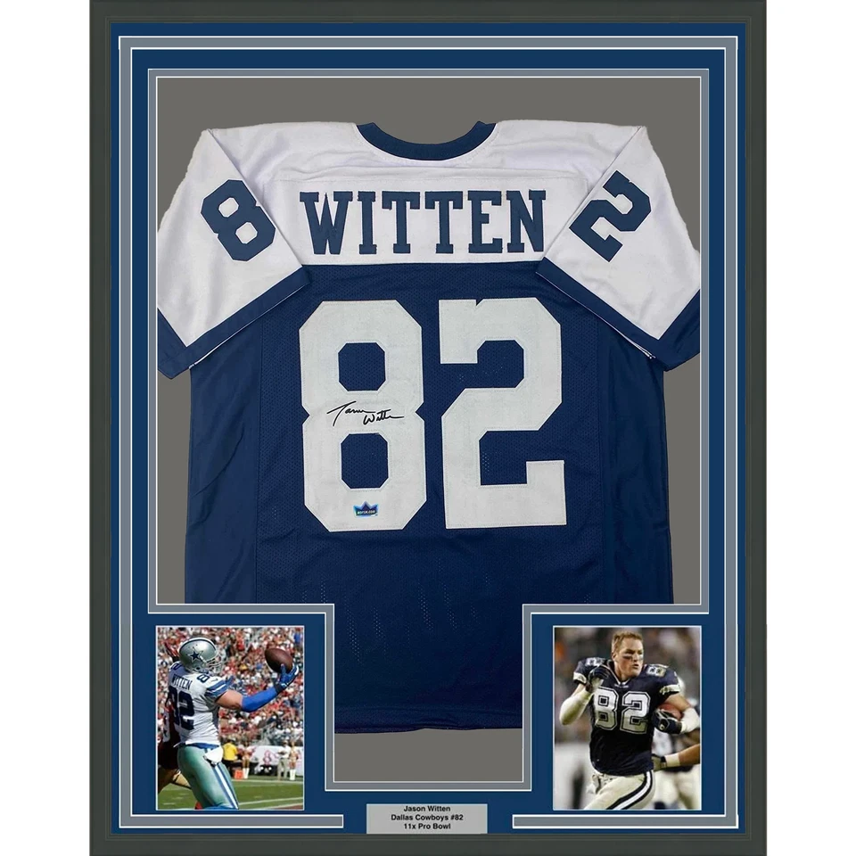 Camiseta deportiva autografiada facsímil enmarcada Jason Witten 33x42 Dallas reimpresión láser Foto 1 de 2