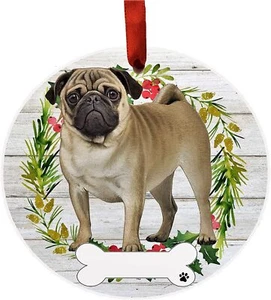 Pug Dog Wreath Ornament Personalizable Christmas Tree Holiday Decoration - Picture 1 of 11