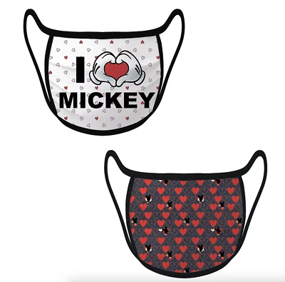 Disney Cloth Face Mask 2 Pack Set Mickey Mouse Hearts Kids Adult Size S M L XL - Image 1 of 4