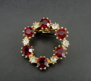 Pin Red and Clear Rhinestones Vintage Gold Plate Dainty Round Pin - Picture 1 of 4