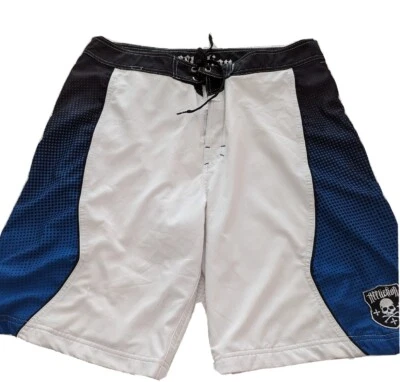 Pantalones Cortos de Tablero Affliction Para Hombre Blanco/Negro Azul Cordón Talla 38 Leer Foto 1 de 4