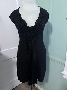 Nanette Lepore Womens Medium Black Silk Linen Sheath Boho Dress Macrame Trim - Picture 1 of 8