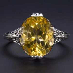 ANILLO ESTILO VINTAGE CITRINO ORO BLANCO 14K FILIGRANA OVALADO AMARILLO CÓCTEL NATURAL - Imagen 1 de 3