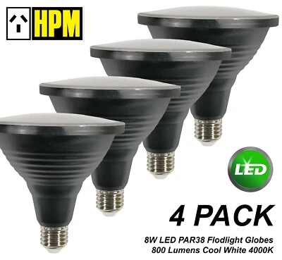 4 x LED PAR38 Floodlight Globes Bulbs Lamps 8W 240V E27 Cool White 4000K - HPM - Image 1 of 4