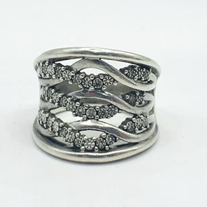 Anillo ancho abstracto flor plata 925 diamantes de imitación transparentes banda gruesa talla 7 marcado PDL - Imagen 1 de 12