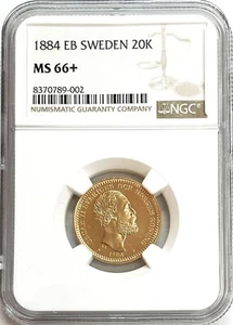 1884 EB GOLD SWEDEN 20 KRONOR COIN OSCAR II NGC MINT STATE 66+ - Picture 1 of 2