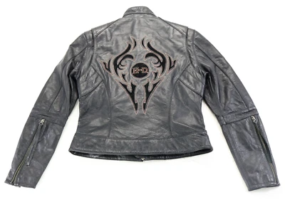 Mujer Harley Davidson Chaqueta M Cuero Negro Sombra Luna Suave Tribal Bar Montar Foto 1 de 4