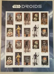 STAR WARS DROIDS 20 FOREVER STAMPS SHEET 2021 R2-D2 C-3PO BB-8 K-250 D-0 NEW - Picture 1 of 2
