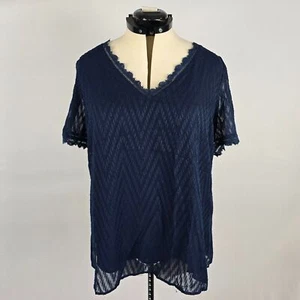 Bloomchic Blouse Women's 12 Geometric Lace Trim VNeck Short Sleeve Indigo NWT - Picture 1 of 9