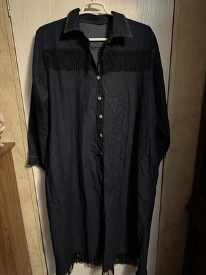 Unbranded 5X Dark Denim Dress With Black Fringe Long Sleeves Gold Button - Image 1 of 4