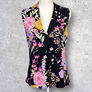 Ann Taylor V-neck Top Sleeveless Floral Women’s Large Black Multicolor NWT - Picture 1 of 8