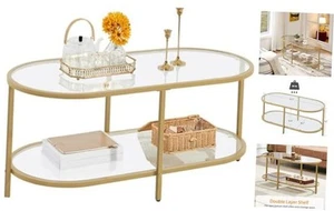 42" Oval Glass Coffee Table for Living Room, 2-Tier Center Table with Storage - Picture 1 of 7