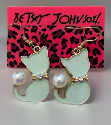 Pendientes Betsey Johnson Verde Pálido (Color Sherbet Como Nuevo) Estrás Perla Gato Nuevos con Etiquetas Foto 1 de 4
